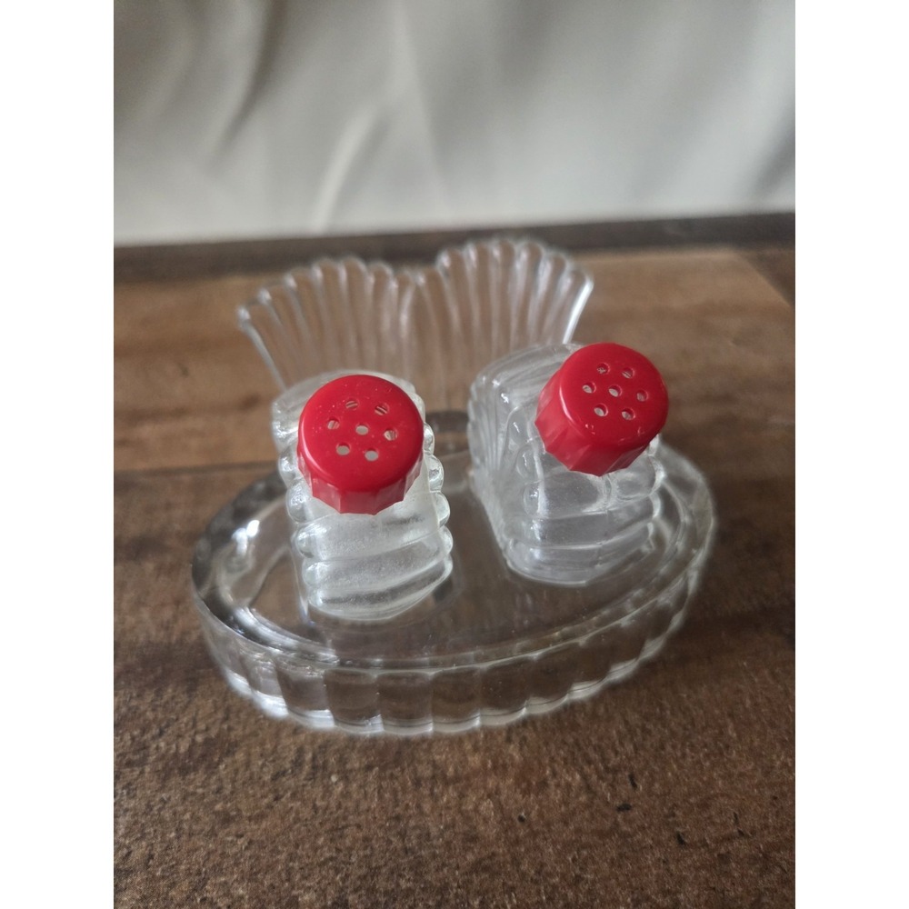 Hazel Atlas Pressed Glass Shell Shape Small Salt & Pepper Shakers w/Stand